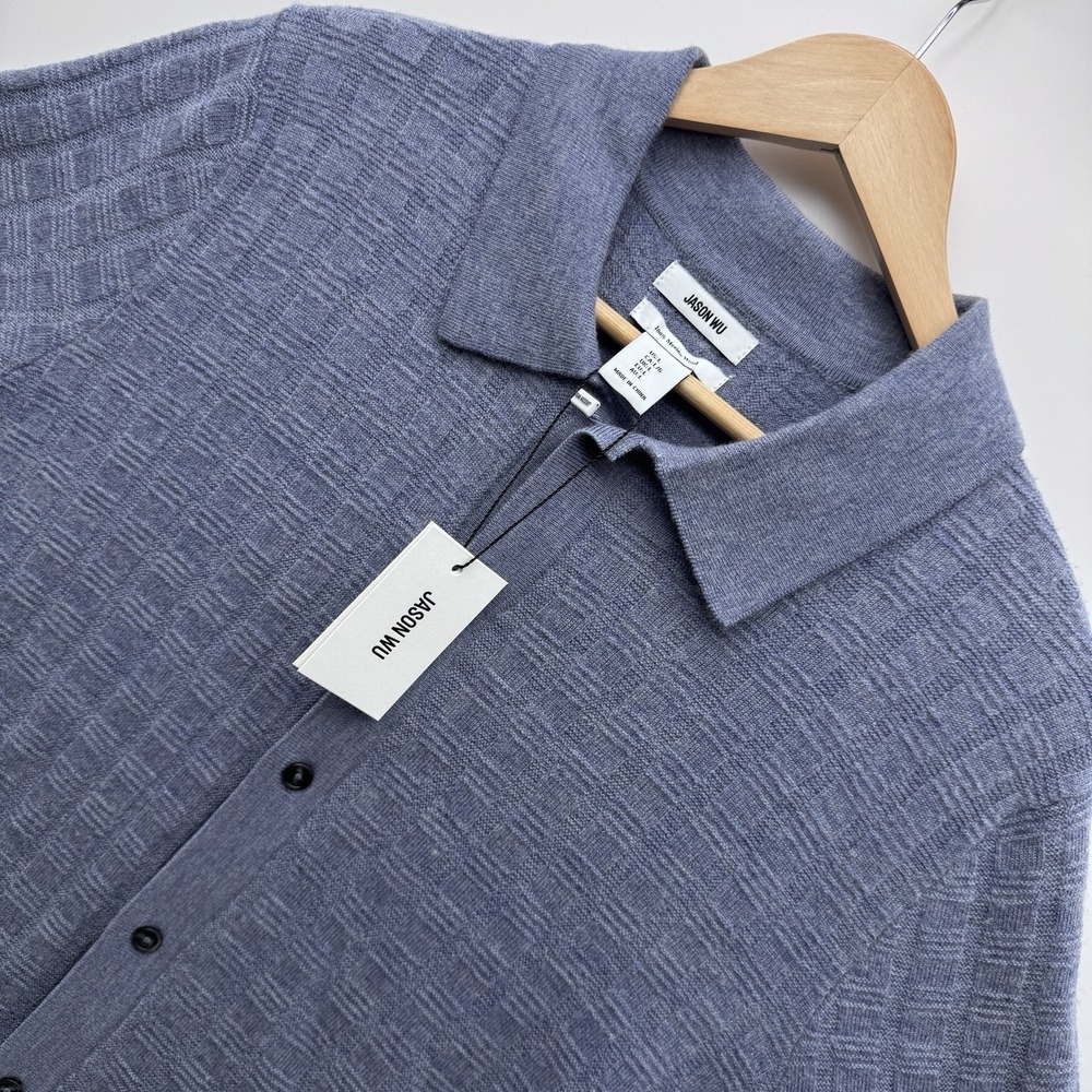 NEW JASON WU 100% MERINO WOOL RIBBED KNIT Short Sleeve Button Down SHIRT Size L